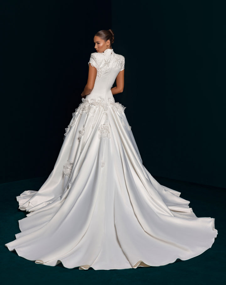 White Satin Ball Gown Wedding Dress - High Neck Deep Plunge Lace Appliqué Nicol Sposa