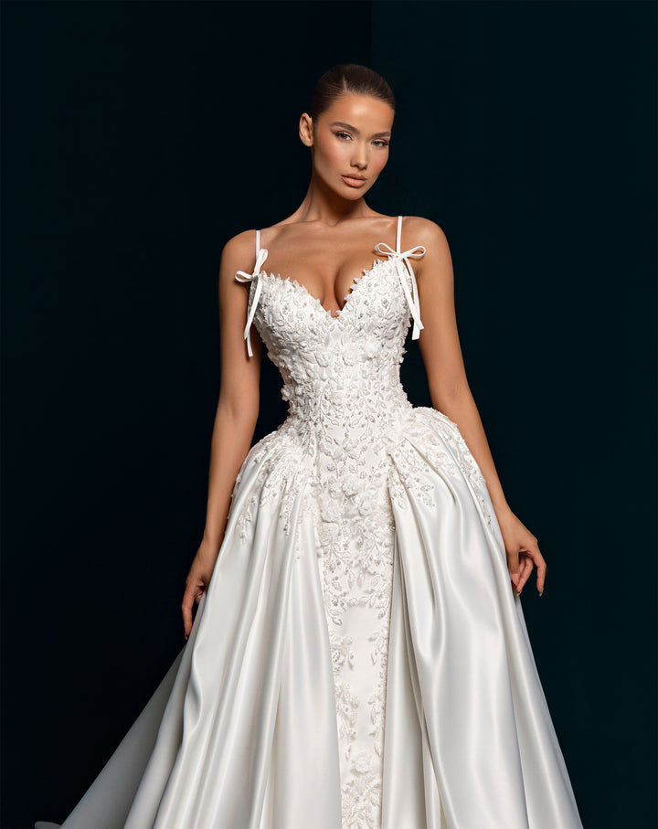 White Satin Ball Gown Wedding Dress - Beaded Corset & Overskirt Detail Nicol Sposa