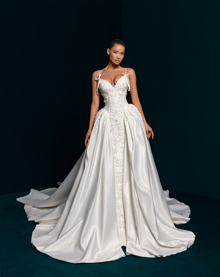 White Satin Ball Gown Wedding Dress - Beaded Corset & Overskirt Detail Nicol Sposa