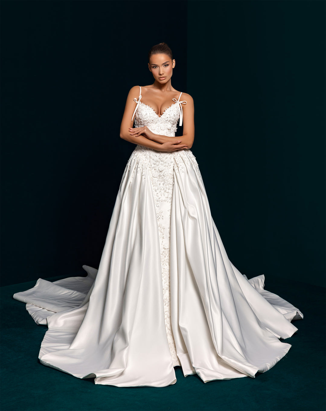 White Satin Ball Gown Wedding Dress - Beaded Corset & Overskirt Detail Nicol Sposa