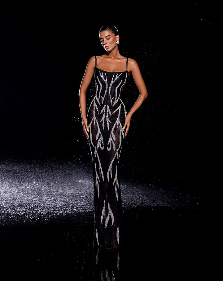 Elegant Black Gown with Silver Embellished Corset and Skirt Nicol Sposa