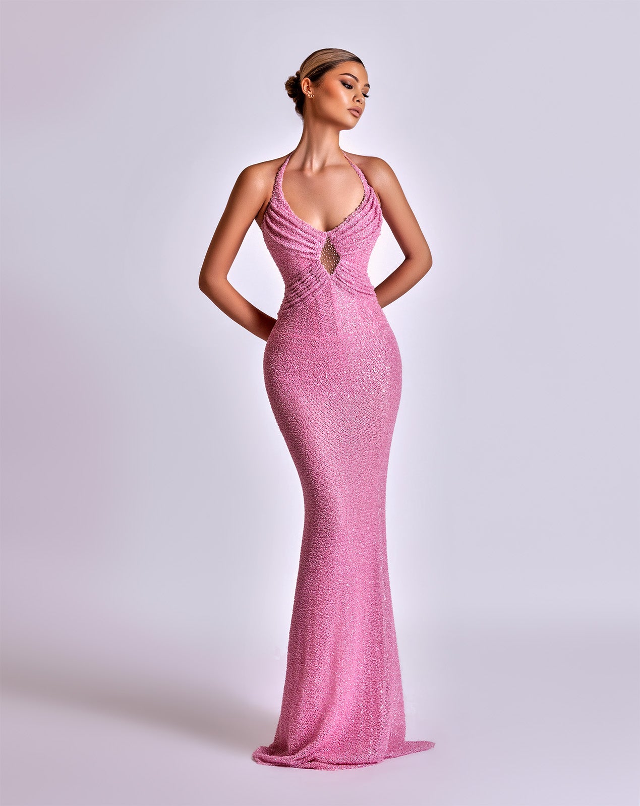 Pink Sequin Mermaid Gown with Halter Neckline and Cut-Out Bodice