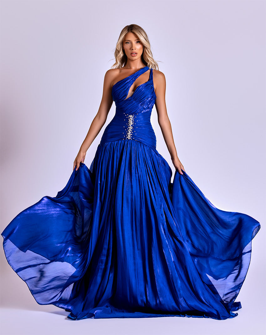 Royal Blue One-Shoulder Gown with Crystal Embellishments and Flowing Pleated Skirt Nicol Sposa