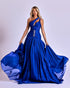Royal Blue One-Shoulder Gown with Crystal Embellishments and Flowing Pleated Skirt