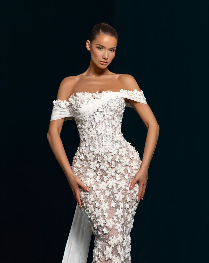 White 3D Flower Off-the-Shoulder Gown - Illusion Mermaid Formal Dress Nicol Sposa
