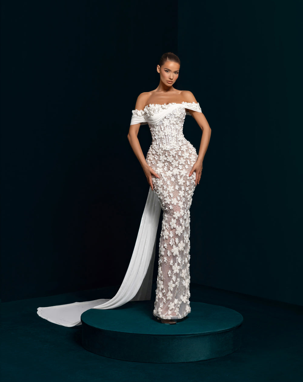 White 3D Flower Off-the-Shoulder Gown - Illusion Mermaid Formal Dress Nicol Sposa