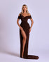 Chocolate Brown Off-Shoulder Corset Gown with High Slit and Draped Train