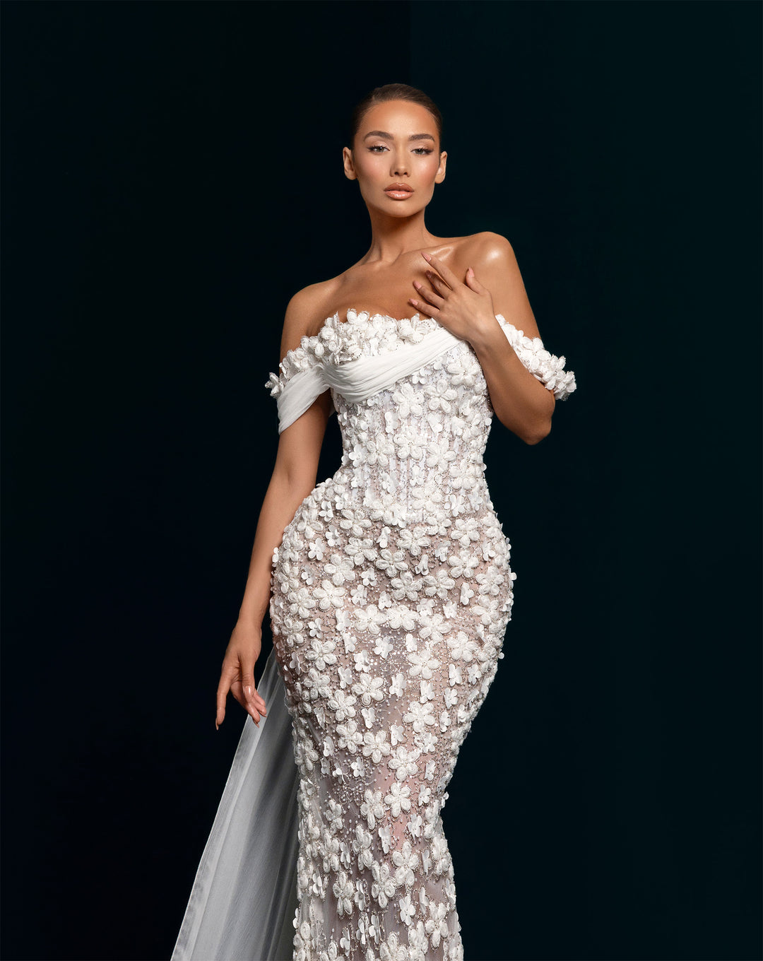 White 3D Flower Off-the-Shoulder Gown - Illusion Mermaid Formal Dress Nicol Sposa