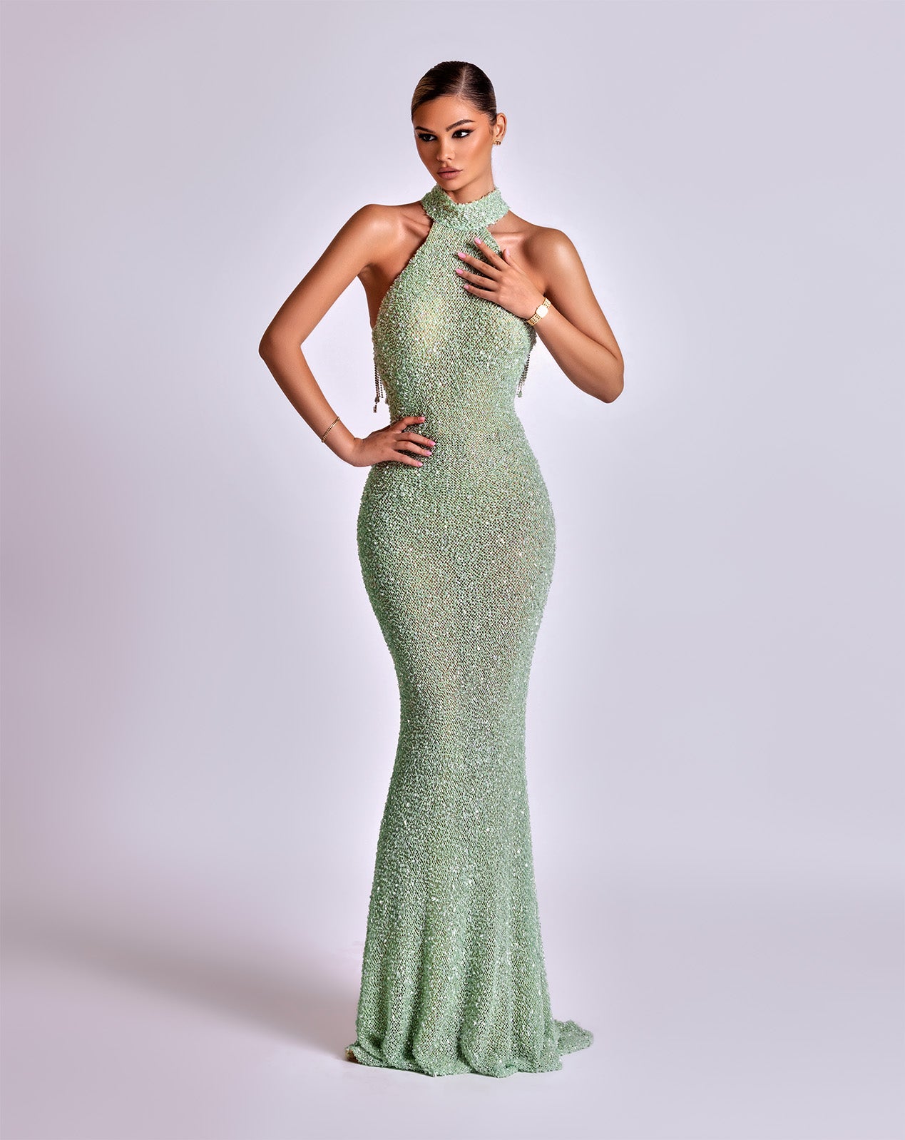 Sleeveless Mint Green Maxi Dress with Unique Neckline