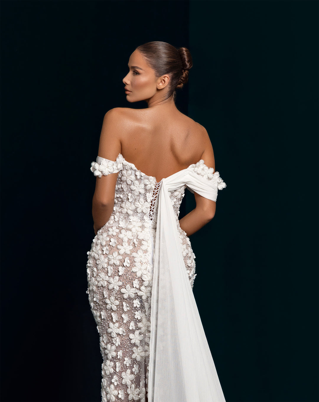 White 3D Flower Off-the-Shoulder Gown - Illusion Mermaid Formal Dress Nicol Sposa
