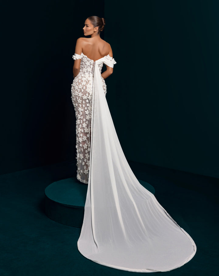 White 3D Flower Off-the-Shoulder Gown - Illusion Mermaid Formal Dress Nicol Sposa