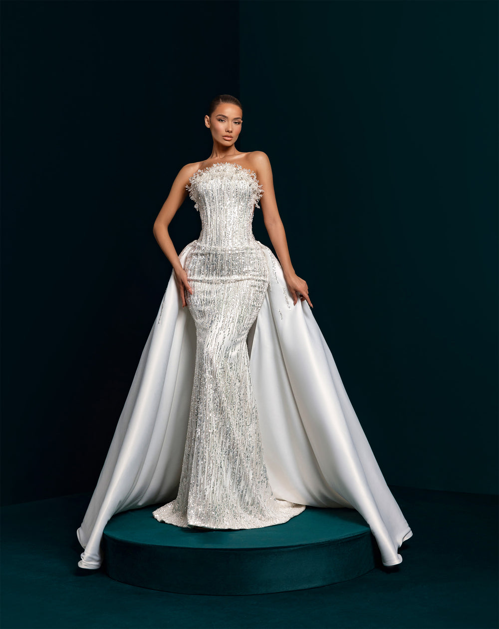 White Beaded Mermaid Gown with Detachable Satin Overskirt - Strapless Bridal Dress Nicol Sposa