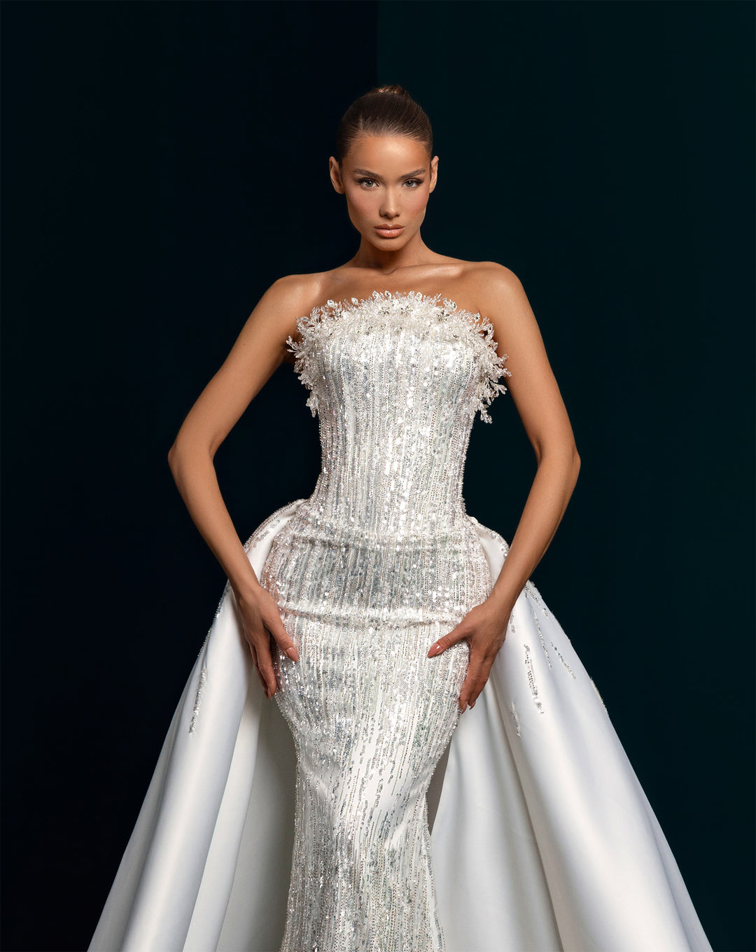 White Beaded Mermaid Gown with Detachable Satin Overskirt - Strapless Bridal Dress Nicol Sposa