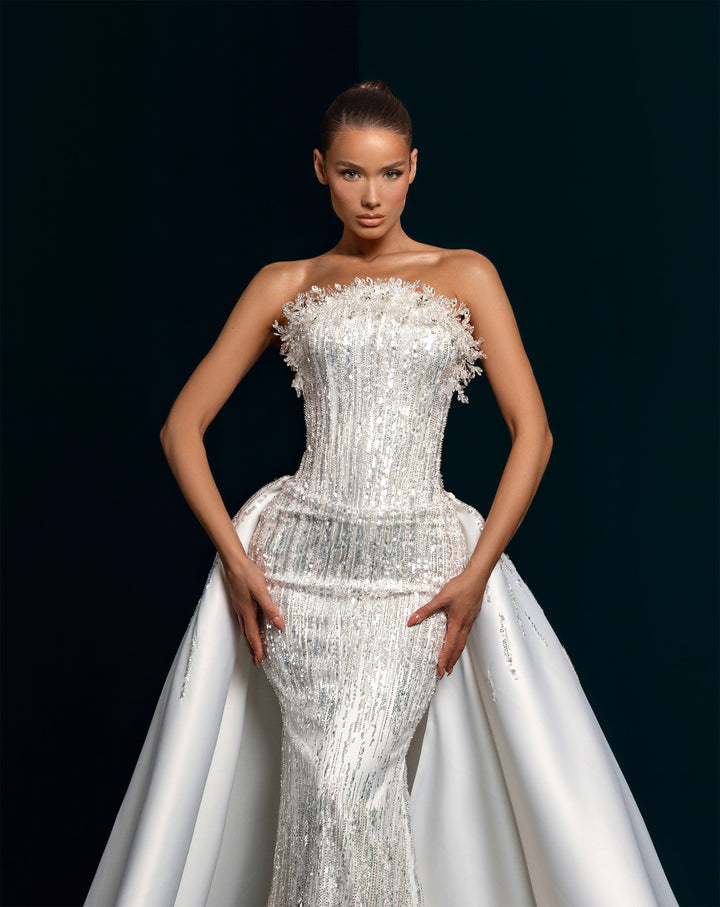 White Beaded Mermaid Gown with Detachable Satin Overskirt - Strapless Bridal Dress Nicol Sposa