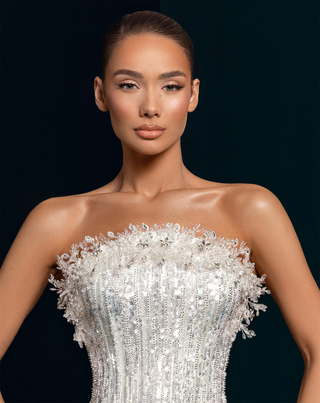 White Beaded Mermaid Gown with Detachable Satin Overskirt - Strapless Bridal Dress Nicol Sposa