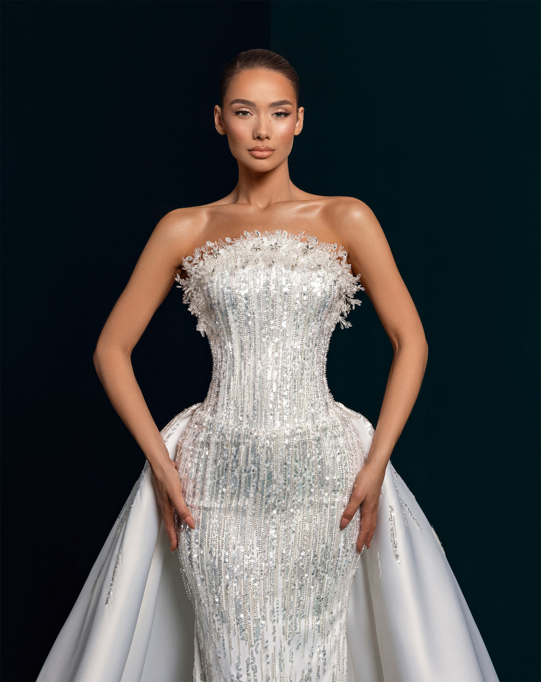 White Beaded Mermaid Gown with Detachable Satin Overskirt - Strapless Bridal Dress Nicol Sposa