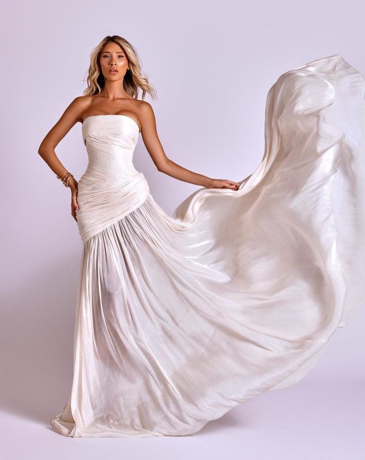 Ivory Strapless Satin Ruched Gown with Flowing Silk Chiffon Train Nicol Sposa