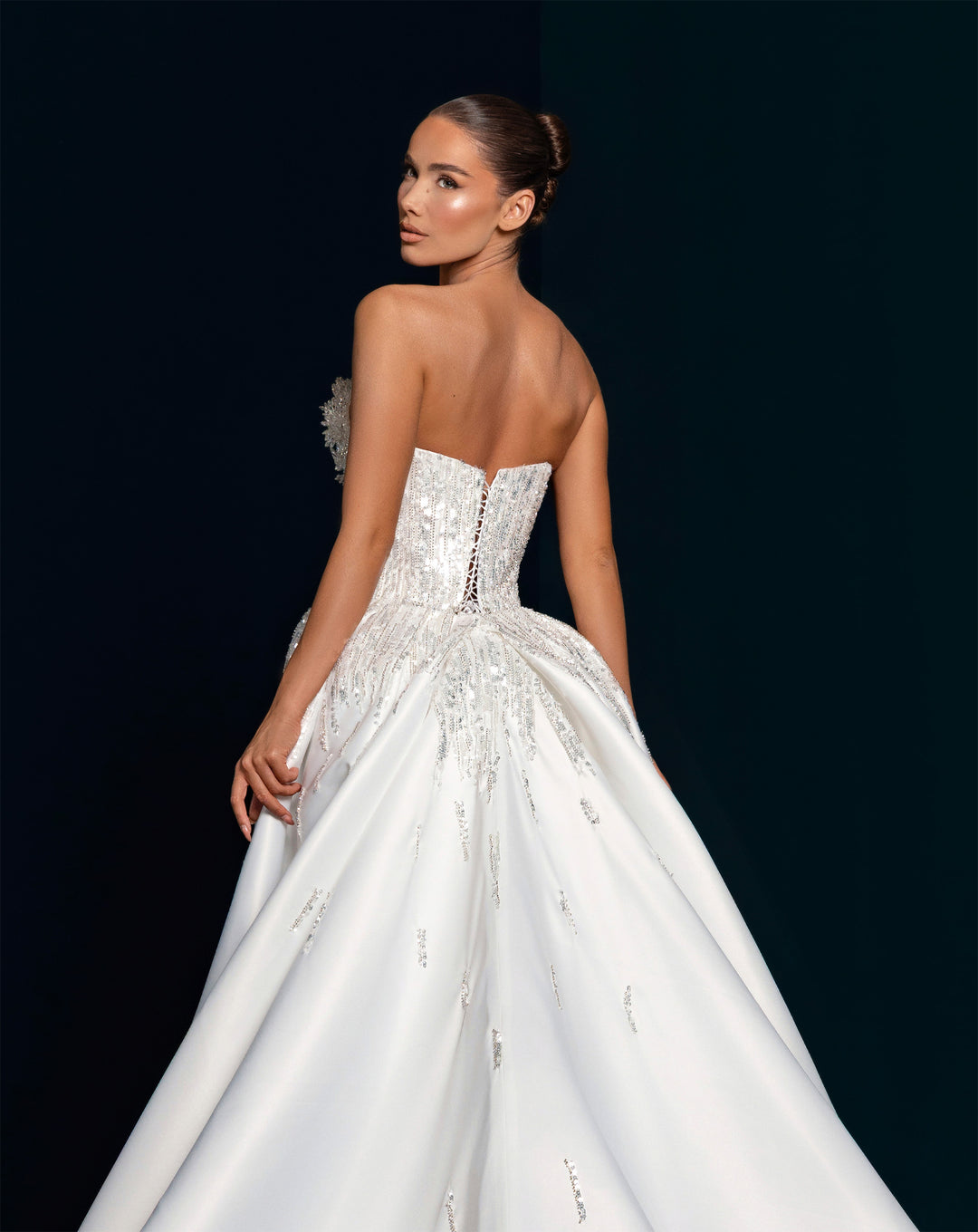 White Beaded Mermaid Gown with Detachable Satin Overskirt - Strapless Bridal Dress Nicol Sposa