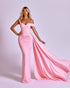 Blush Pink Off-the-Shoulder Satin Gown with Draped Train and Ruched Bodice