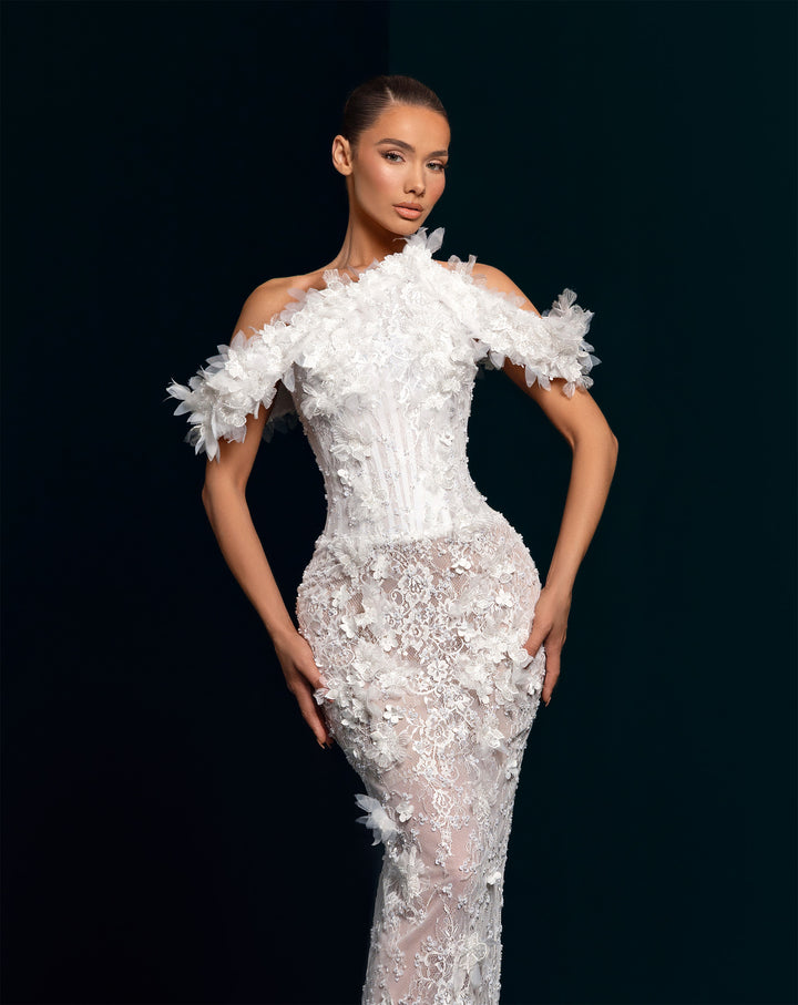 White 3D Flower Illusion Gown - Off-the-Shoulder Lace Mermaid Dress Nicol Sposa