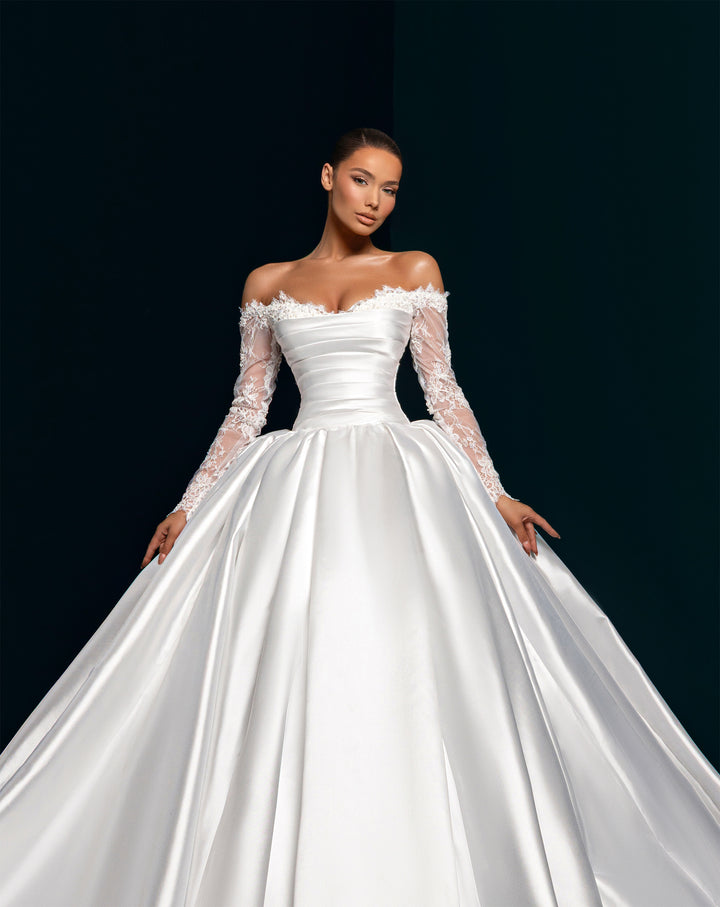 White Satin Ball Gown Wedding Dress - Off-the-Shoulder Lace Sleeves Nicol Sposa