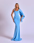 Light Blue Cowl Neck Evening Gown with Cape Sleeve and Mermaid Silhouette