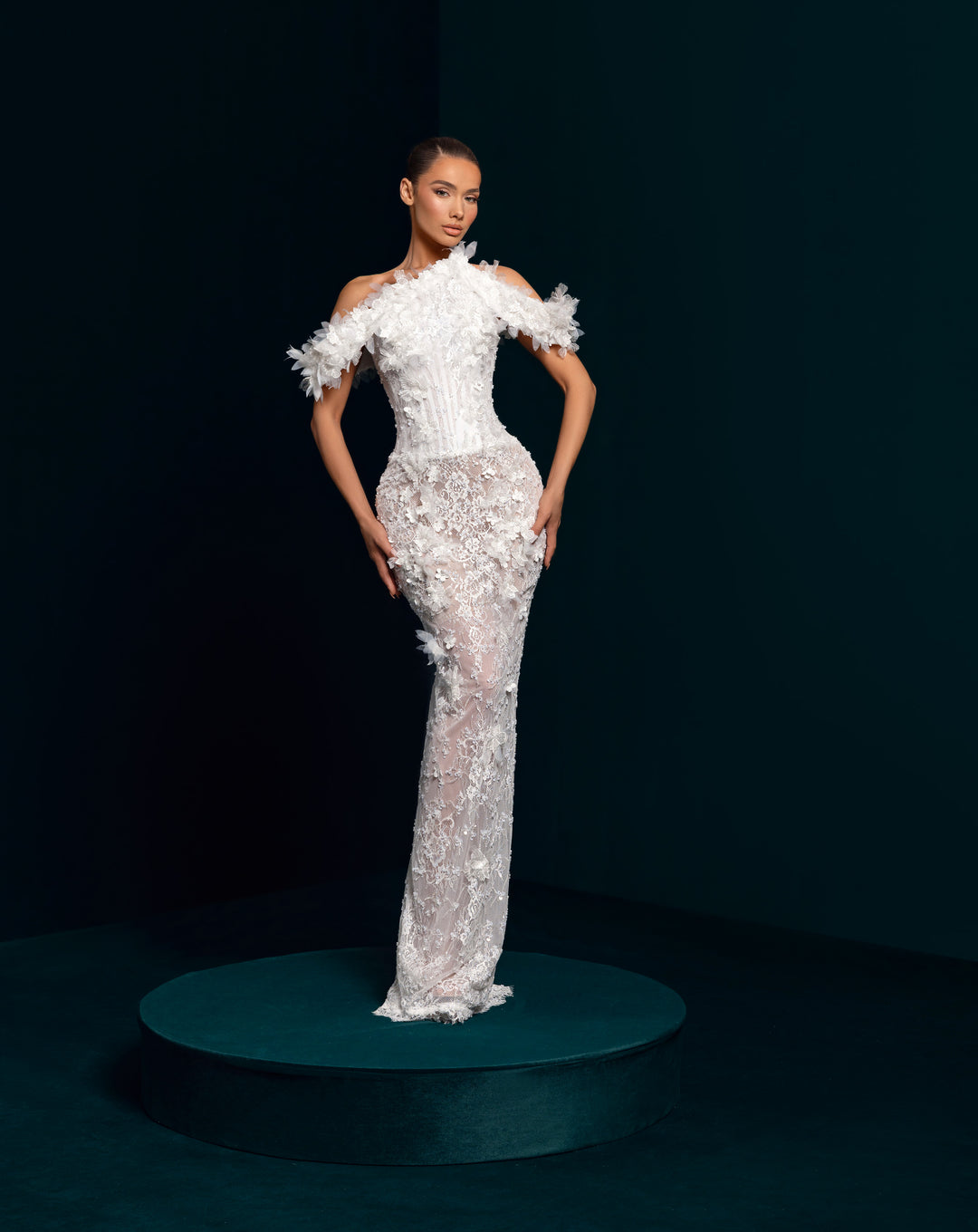 White 3D Flower Illusion Gown - Off-the-Shoulder Lace Mermaid Dress Nicol Sposa