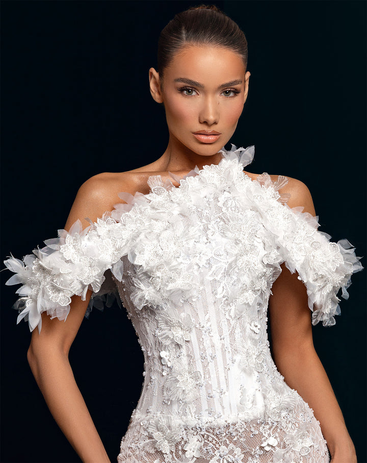 White 3D Flower Illusion Gown - Off-the-Shoulder Lace Mermaid Dress Nicol Sposa