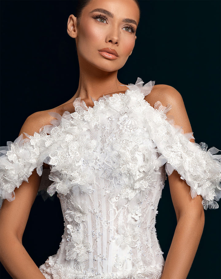 White 3D Flower Illusion Gown - Off-the-Shoulder Lace Mermaid Dress Nicol Sposa