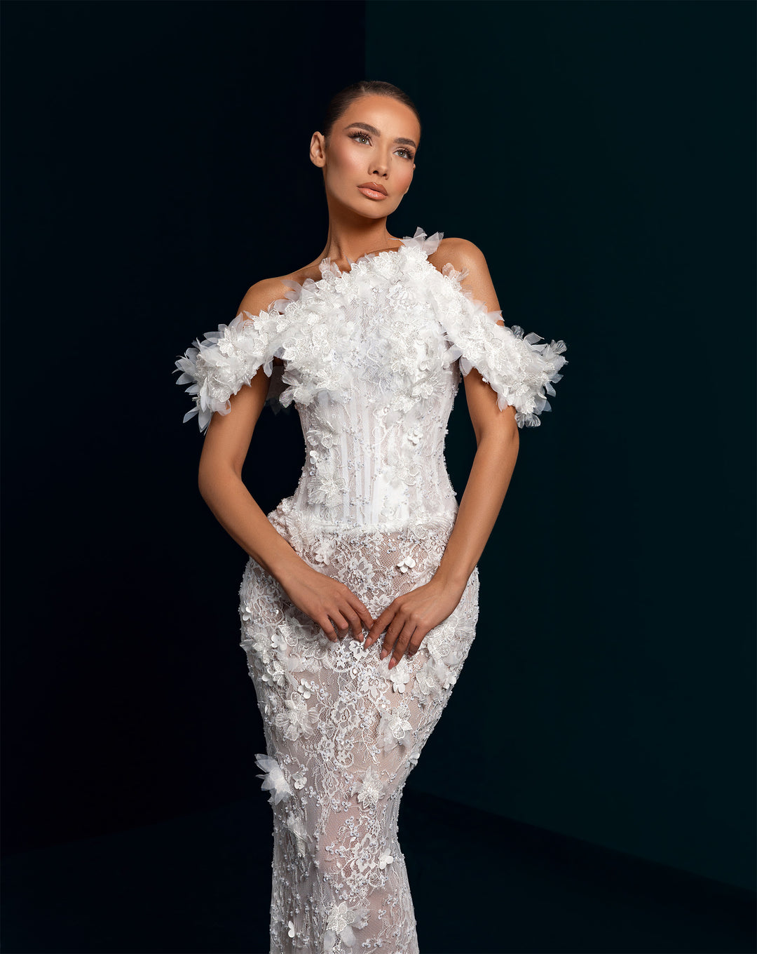 White 3D Flower Illusion Gown - Off-the-Shoulder Lace Mermaid Dress Nicol Sposa