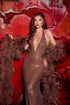 Brown Sequin Plunge Neckline Formal Gown - Halter Mermaid Dress with Feather Boa