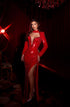 Red Sequin High-Neck Formal Gown - Deep V-Neckline Illusion High Slit Dress
