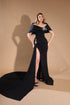 Black Off-the-Shoulder Draped Gown - Embellished High Slit Evening Dress