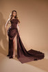 Chocolate Brown Satin High Slit Gown - Strapless Corset Formal Dress