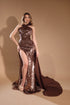 Bronze Sequin Halter Neck Gown - High Slit Formal Evening Dress