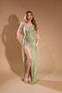 Lime Green Sequin Chain Strap Gown - Crystal Fringe High Slit Dress