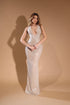 Champagne Beaded Deep V-Plunge Halter Gown - Backless Formal Dress