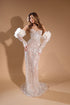 Silver Beaded Strapless Gown with Detachable Flower Sleeves - Formal Evening Dress