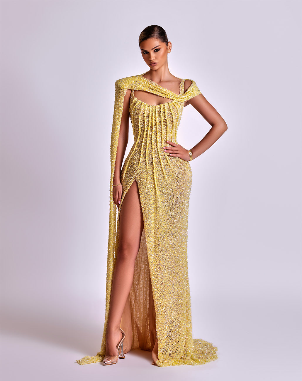 Sleeveless Yellow Lace Mermaid Gown with Cape, U-Neckline, and Deep Slit